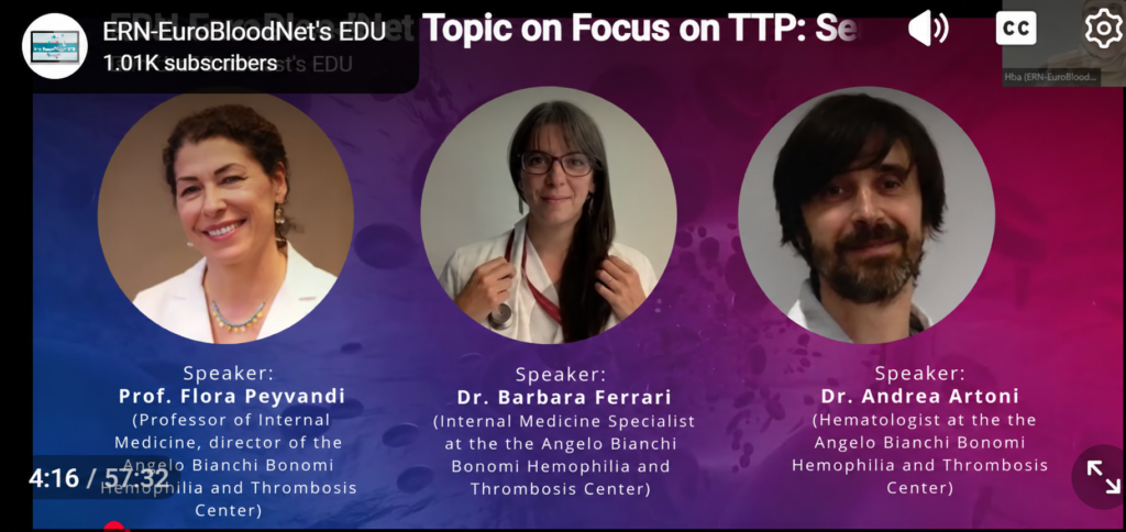Prof. Flora Peyvandi, Dr. Barbara Ferrari and Dr. Andrea Artoni, speakers at the first ERN-EuroBloodNet educational session on TTP