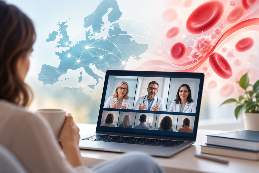 Woman watching an online medical education session on a laptop, with healthcare professionals on screen, a map of Europe, and red blood cells in the background